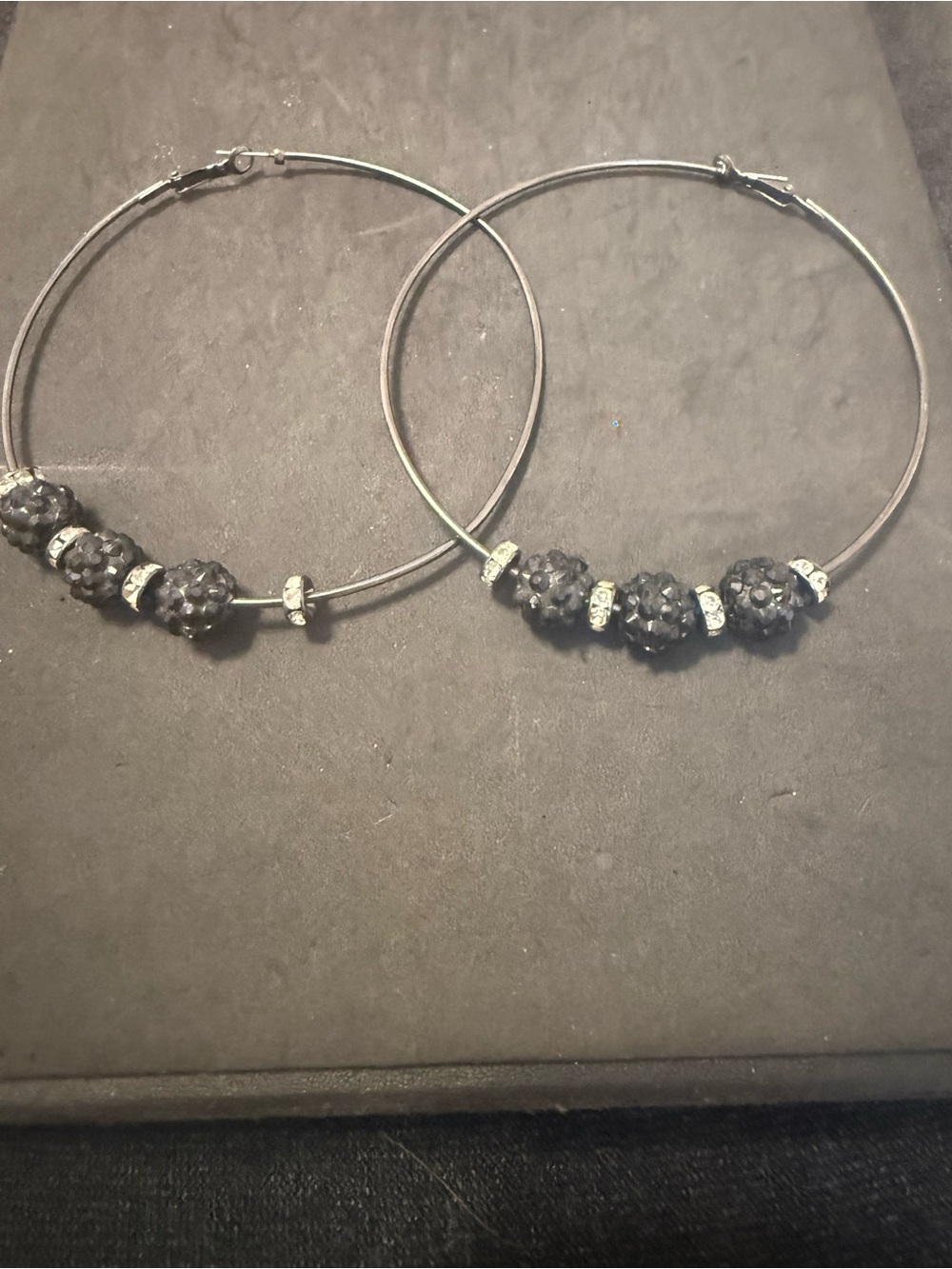 Gunmetal  Hoop Earrings with Black Crystal Beads